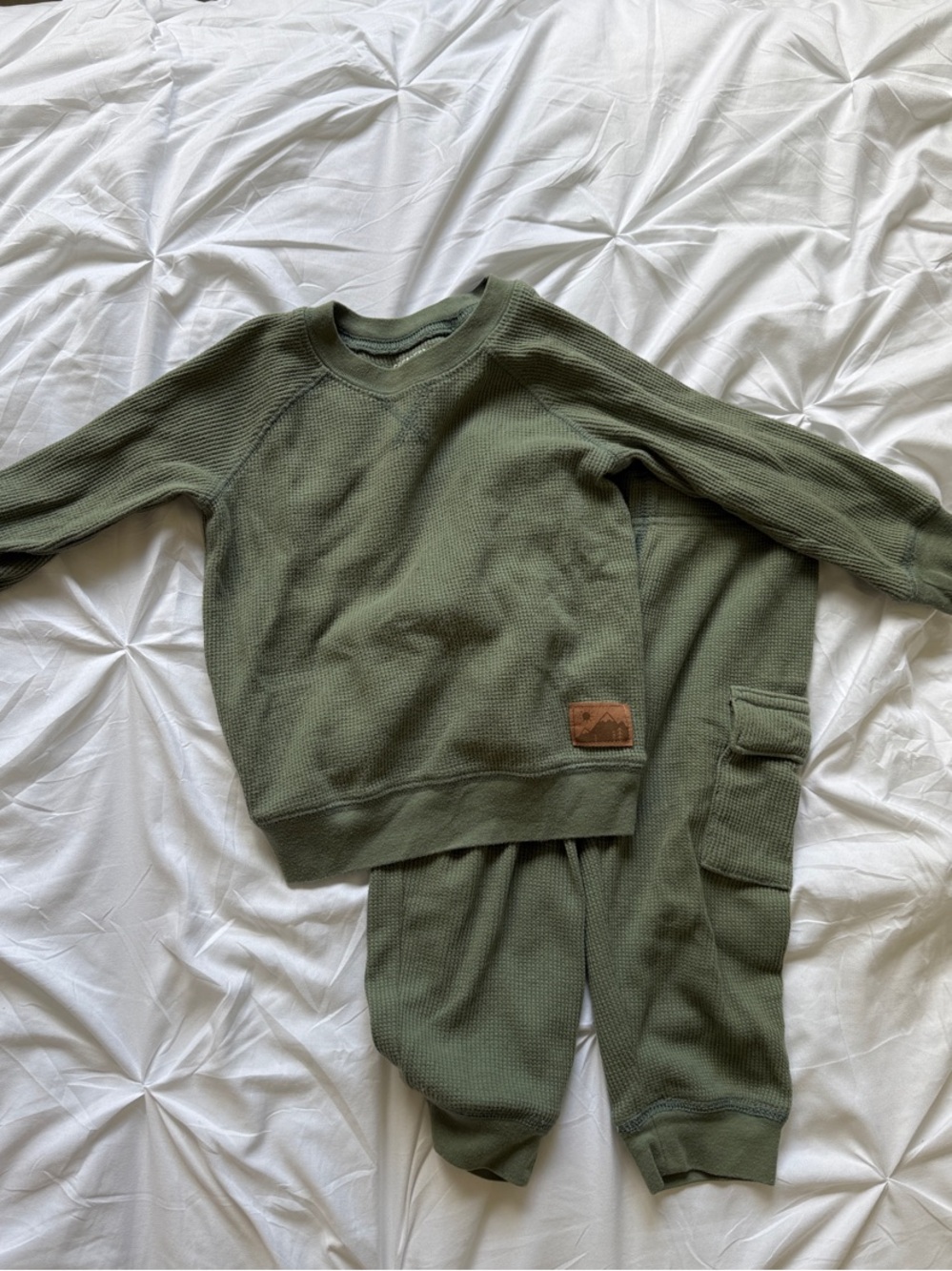 Olive Green Boys Waffle-Knit Joggers + Thermal Set
